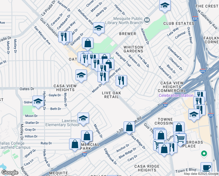 map of restaurants, bars, coffee shops, grocery stores, and more near 4302 Gus Thomasson Road in Mesquite