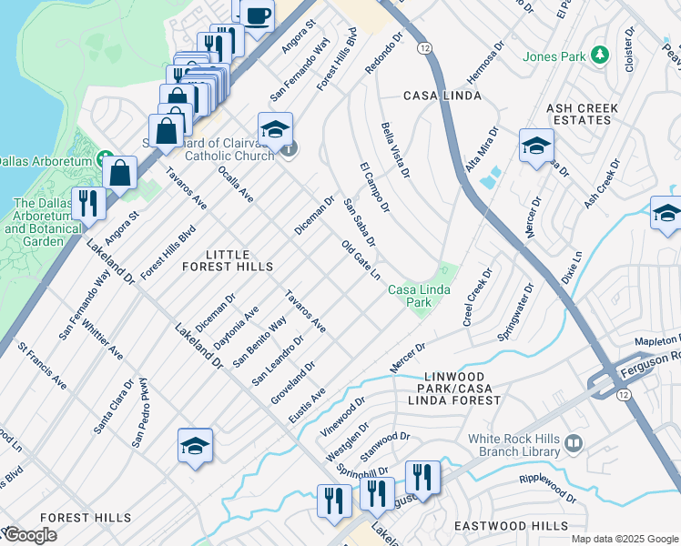 map of restaurants, bars, coffee shops, grocery stores, and more near 9023 San Leandro Drive in Dallas
