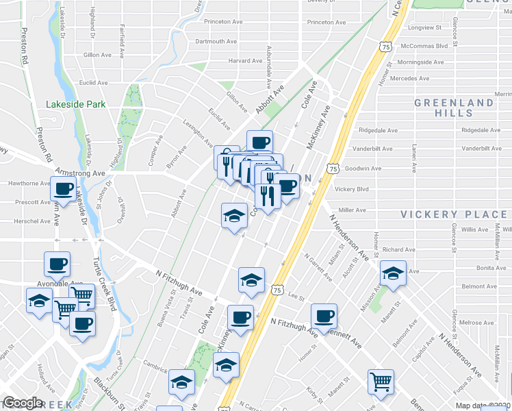 map of restaurants, bars, coffee shops, grocery stores, and more near 4439 Cole Avenue in Dallas