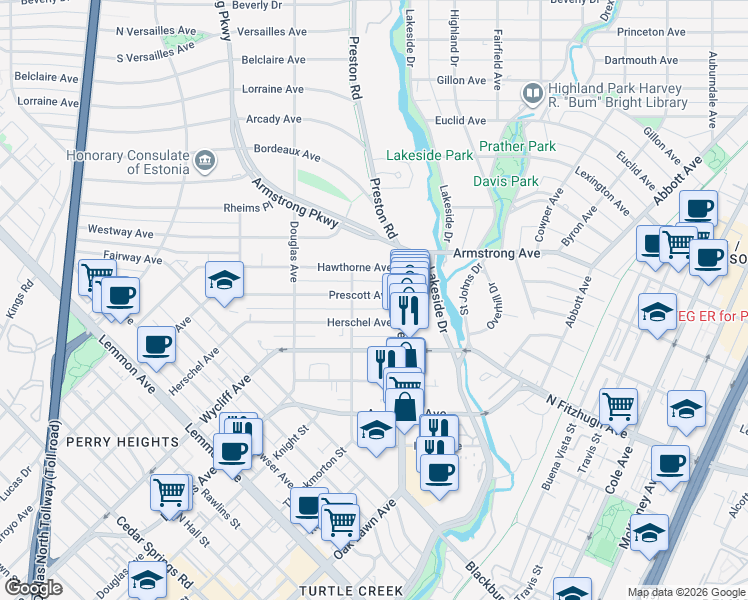 map of restaurants, bars, coffee shops, grocery stores, and more near 4206 Prescott Avenue in Dallas