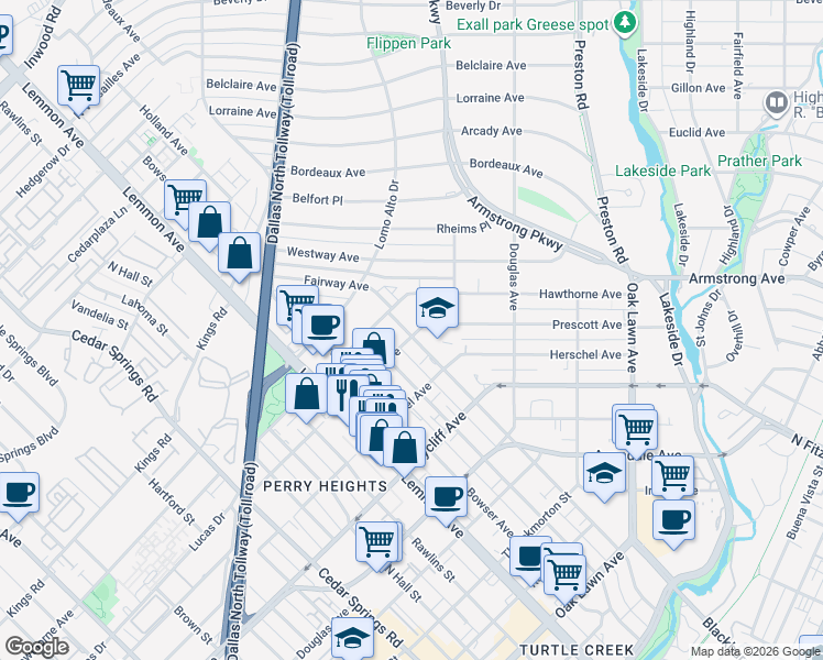 map of restaurants, bars, coffee shops, grocery stores, and more near 4511 Gilbert Avenue in Dallas