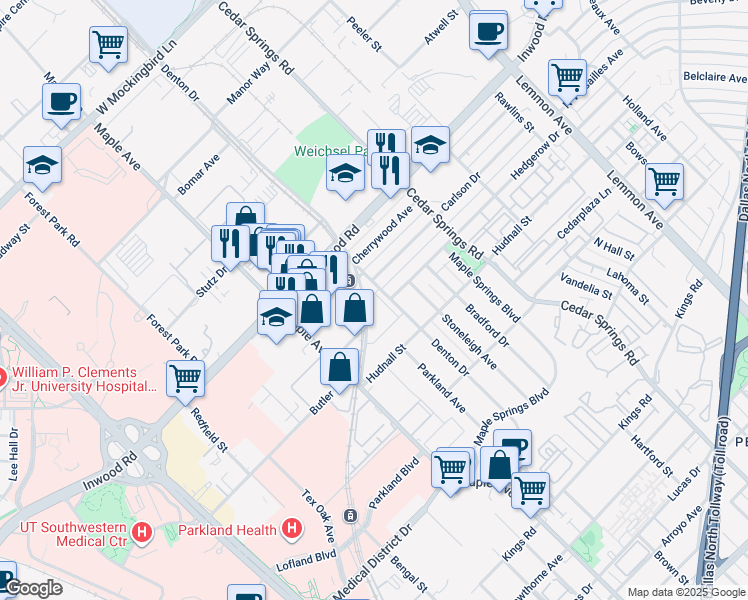 map of restaurants, bars, coffee shops, grocery stores, and more near 5520 Denton Drive in Dallas