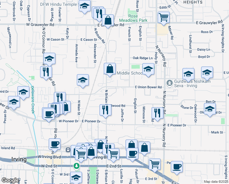 map of restaurants, bars, coffee shops, grocery stores, and more near 820 North Britain Road in Irving