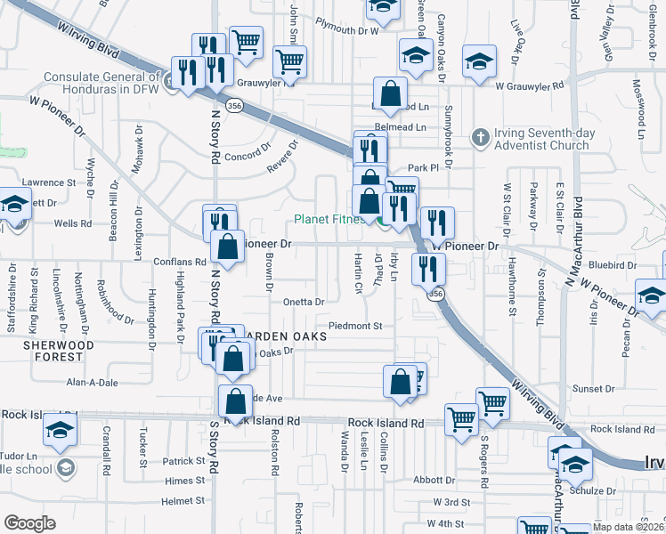 map of restaurants, bars, coffee shops, grocery stores, and more near 605 Kingston Drive in Irving