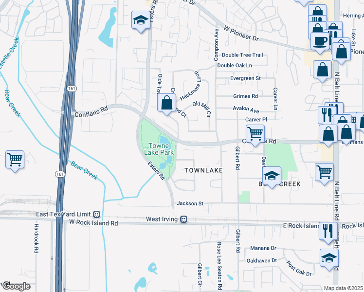 map of restaurants, bars, coffee shops, grocery stores, and more near 824 Olde Towne Drive in Irving