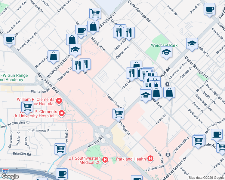 map of restaurants, bars, coffee shops, grocery stores, and more near 5940 Forest Park Road in Dallas