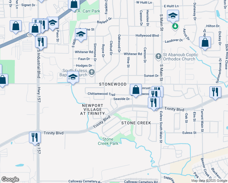 map of restaurants, bars, coffee shops, grocery stores, and more near 4008 Juniper Ct in Euless