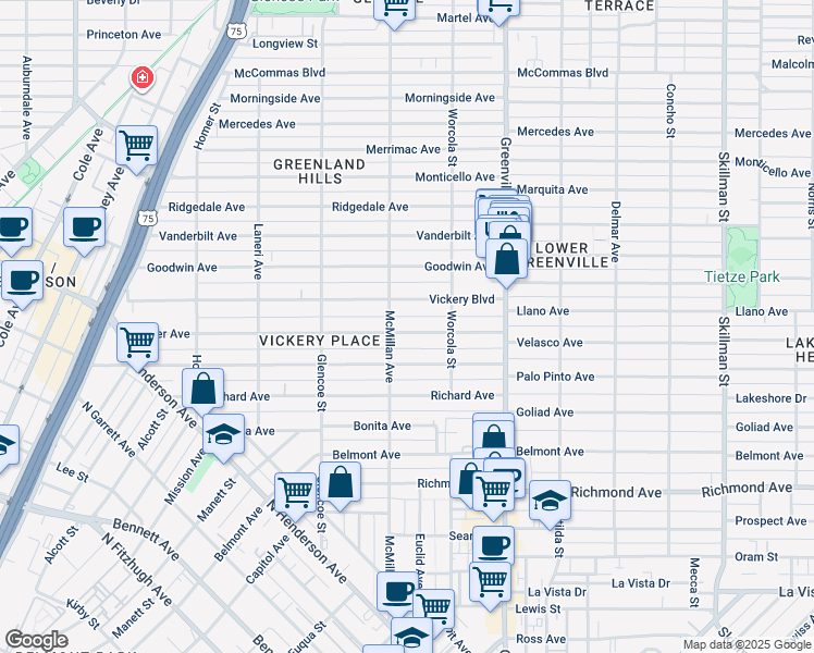 map of restaurants, bars, coffee shops, grocery stores, and more near 5515 Miller Avenue in Dallas