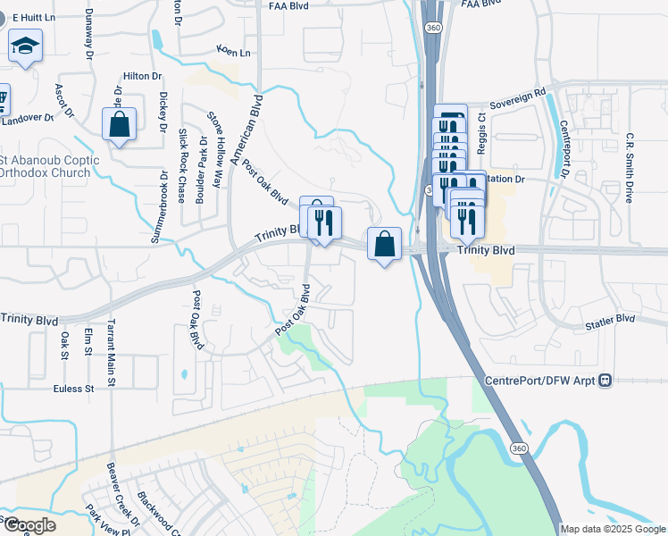 map of restaurants, bars, coffee shops, grocery stores, and more near 13908 Rollingwood Drive in Euless