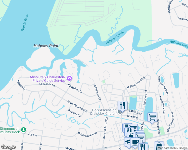map of restaurants, bars, coffee shops, grocery stores, and more near 606 East Hobcaw Drive in Mount Pleasant
