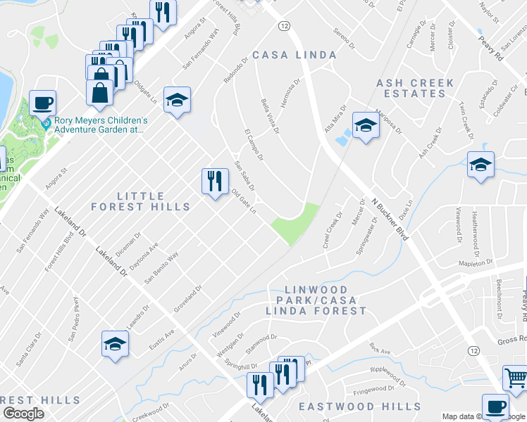 map of restaurants, bars, coffee shops, grocery stores, and more near 1555 San Saba Drive in Dallas