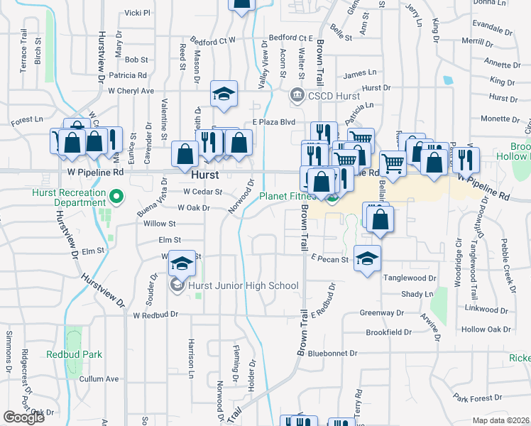 map of restaurants, bars, coffee shops, grocery stores, and more near 132 East Oak Drive in Hurst