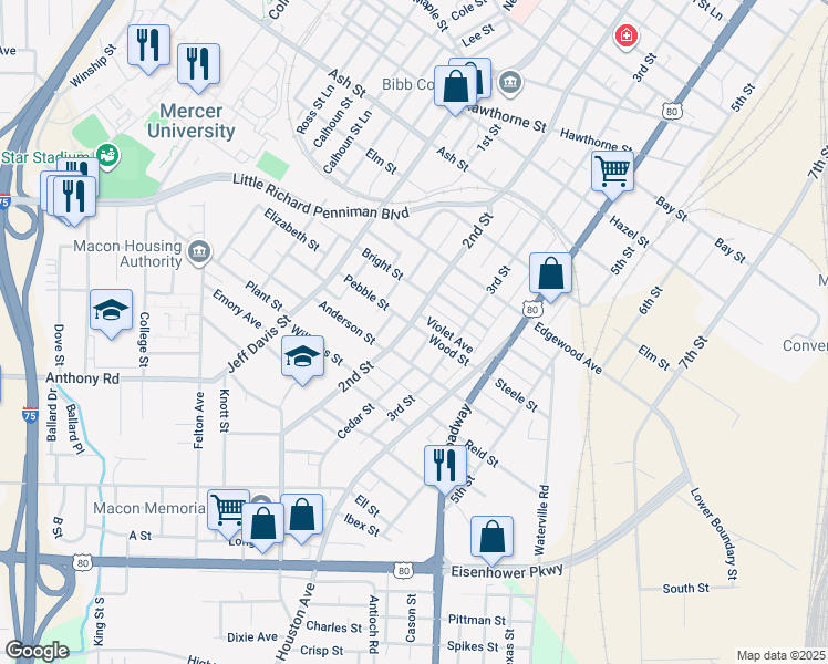 map of restaurants, bars, coffee shops, grocery stores, and more near 1725 2nd Street in Macon