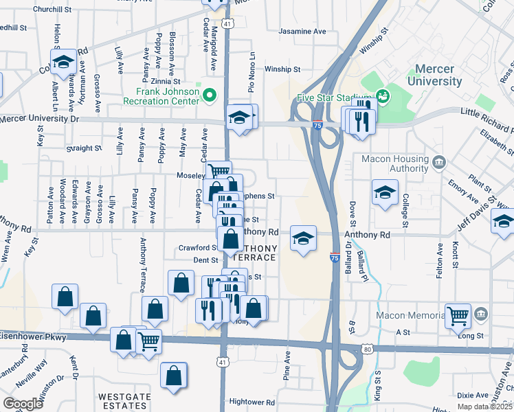 map of restaurants, bars, coffee shops, grocery stores, and more near 2091 Monroe Avenue in Macon