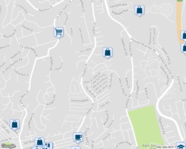 map of restaurants, bars, coffee shops, grocery stores, and more near 5804 Caminito Cardelina in San Diego