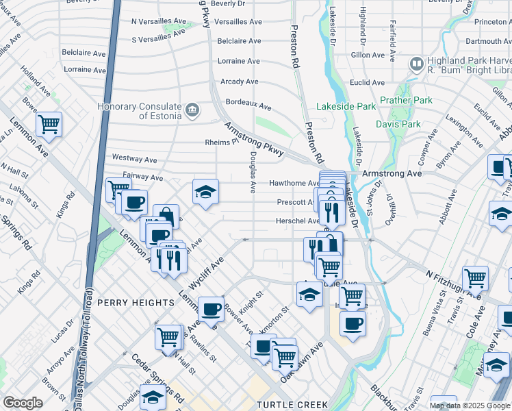 map of restaurants, bars, coffee shops, grocery stores, and more near 4358 Douglas Avenue in Dallas