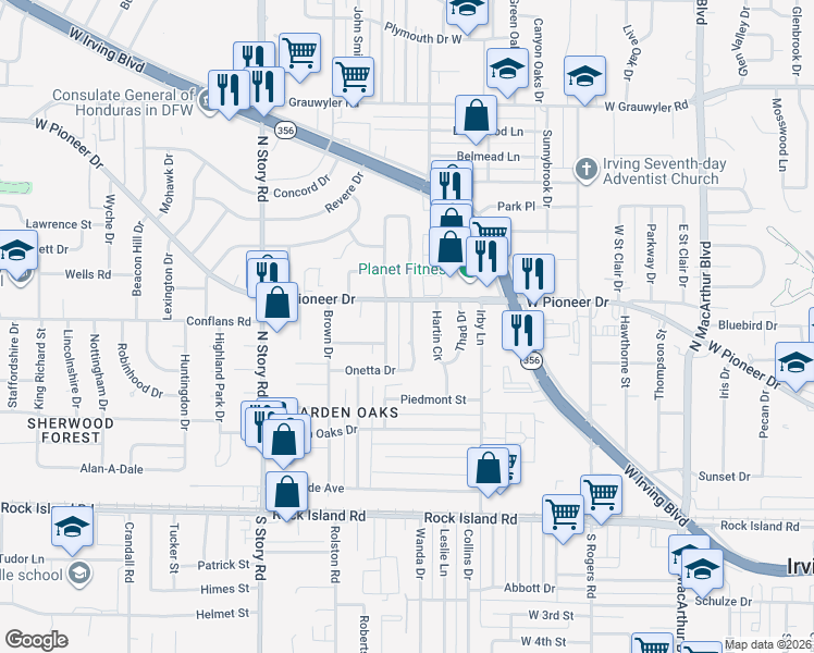 map of restaurants, bars, coffee shops, grocery stores, and more near 605 Kingston Drive in Irving