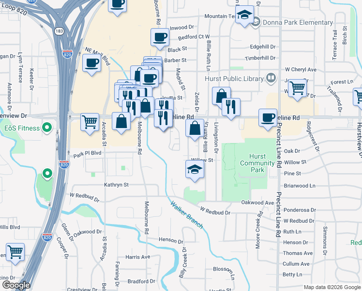 map of restaurants, bars, coffee shops, grocery stores, and more near 712 Castle Drive in Hurst