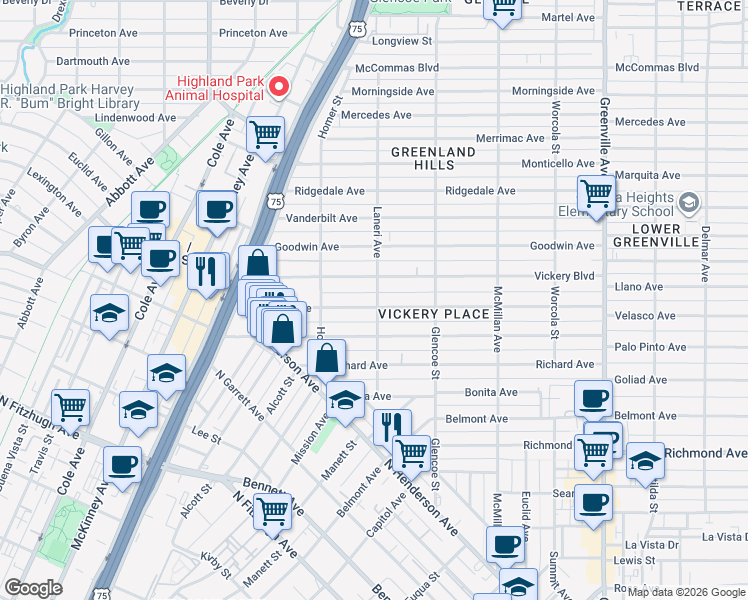 map of restaurants, bars, coffee shops, grocery stores, and more near 5255 Miller Avenue in Dallas