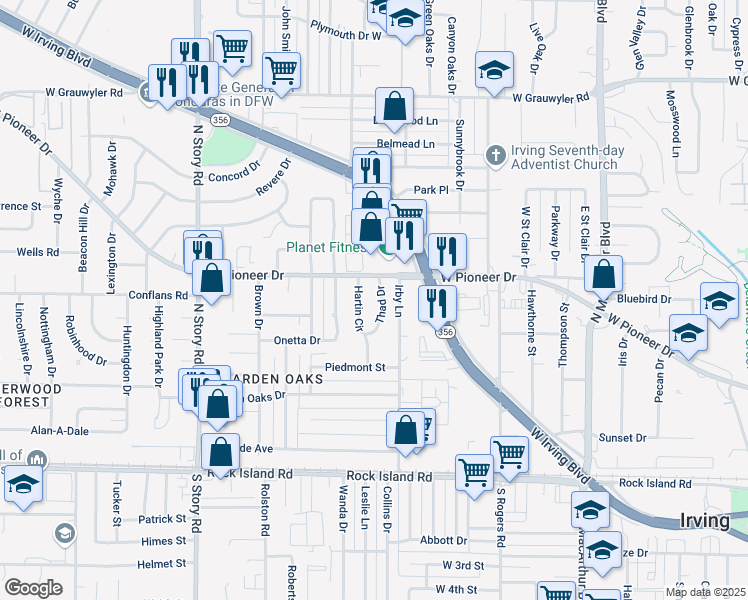 map of restaurants, bars, coffee shops, grocery stores, and more near 635 Thad Drive in Irving