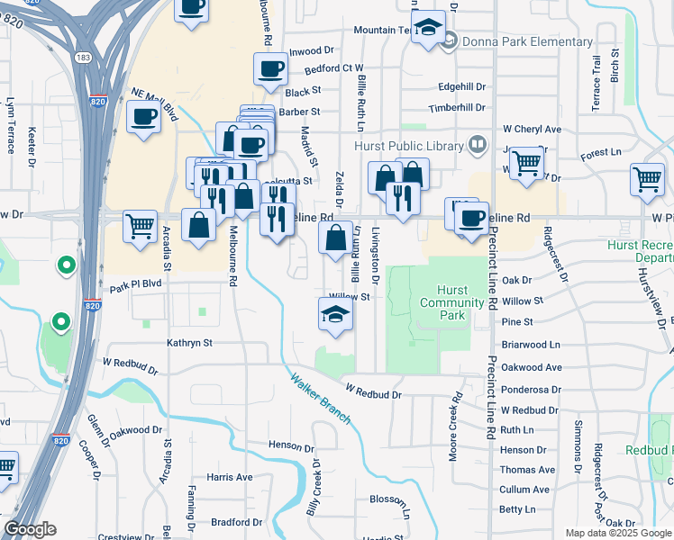 map of restaurants, bars, coffee shops, grocery stores, and more near 633 Timberline Drive in Hurst