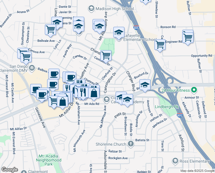 map of restaurants, bars, coffee shops, grocery stores, and more near 4261 Cannington Drive in San Diego