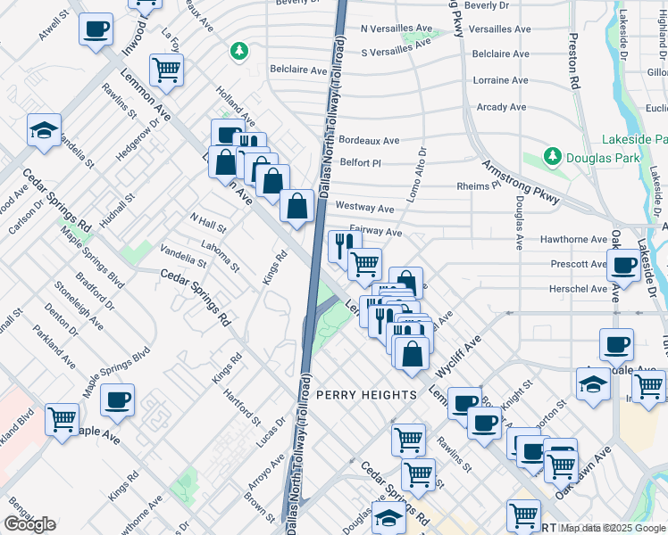 map of restaurants, bars, coffee shops, grocery stores, and more near 4712 Lemmon Avenue in Dallas