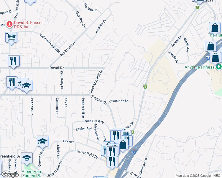 map of restaurants, bars, coffee shops, grocery stores, and more near 7952 Sterling Drive in El Cajon