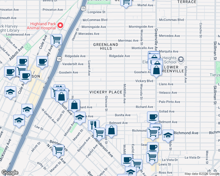 map of restaurants, bars, coffee shops, grocery stores, and more near 5411 Miller Avenue in Dallas