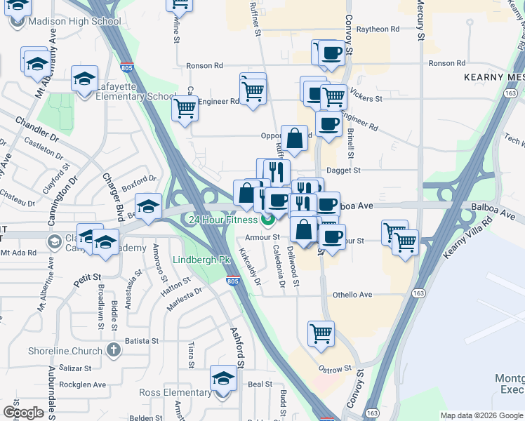 map of restaurants, bars, coffee shops, grocery stores, and more near 7715 Balboa Avenue in San Diego
