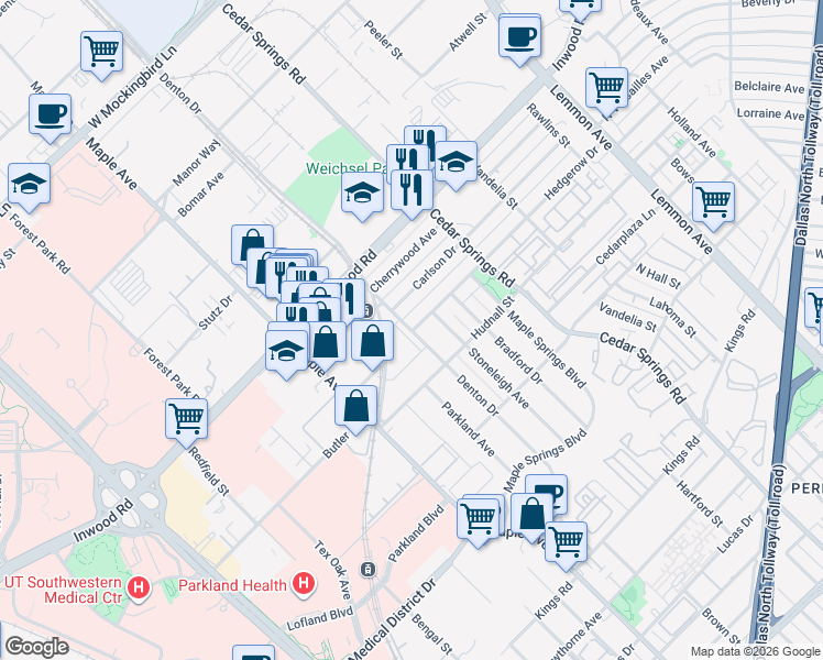 map of restaurants, bars, coffee shops, grocery stores, and more near 2806 Hedgerow Drive in Dallas