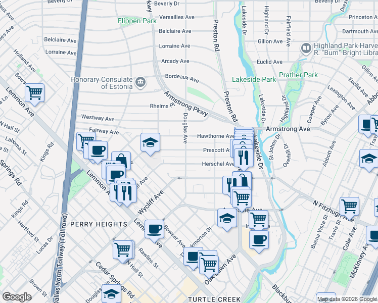 map of restaurants, bars, coffee shops, grocery stores, and more near 4110 Prescott Avenue in Dallas