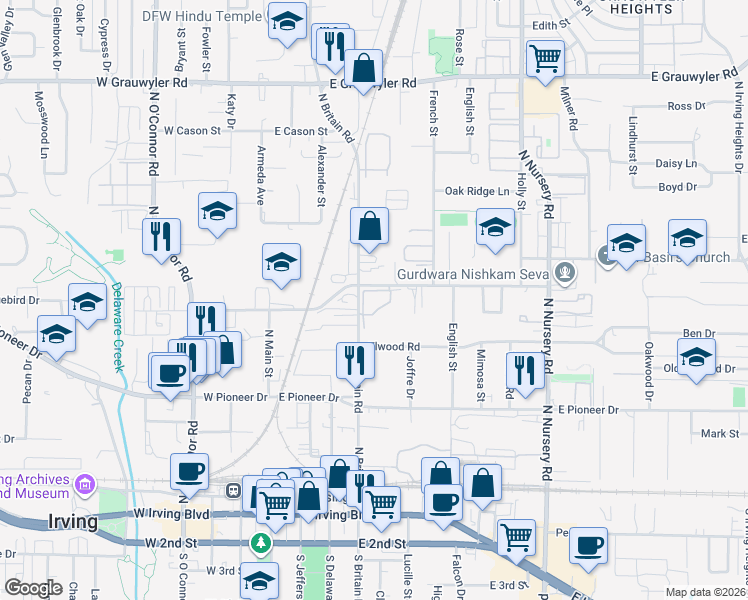 map of restaurants, bars, coffee shops, grocery stores, and more near 820 North Britain Road in Irving