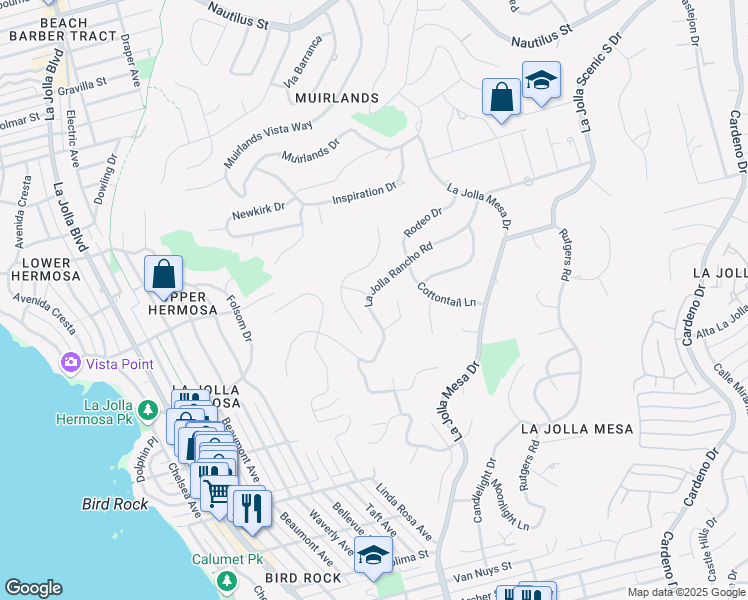 map of restaurants, bars, coffee shops, grocery stores, and more near 1145 La Jolla Rancho Road in San Diego