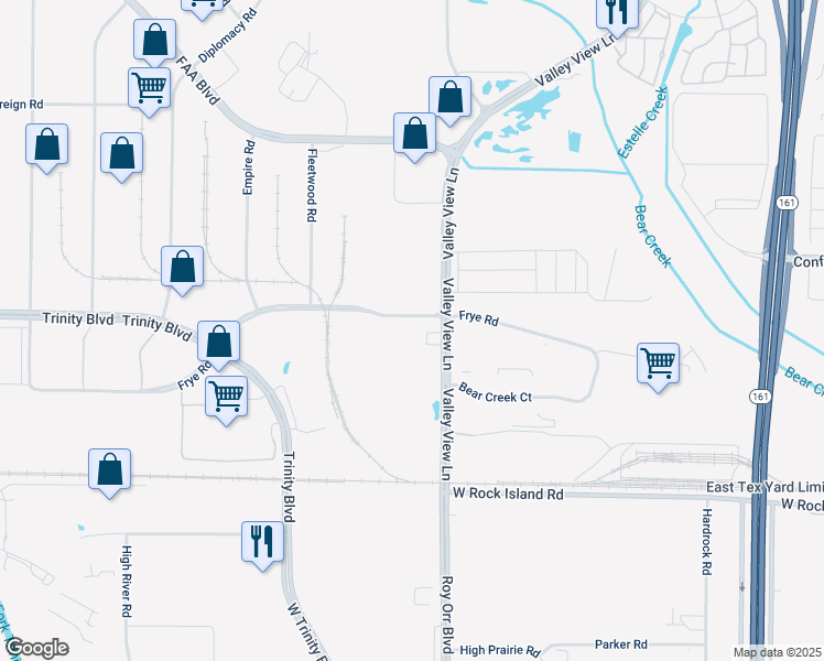 map of restaurants, bars, coffee shops, grocery stores, and more near 5350 Frye Road in Irving