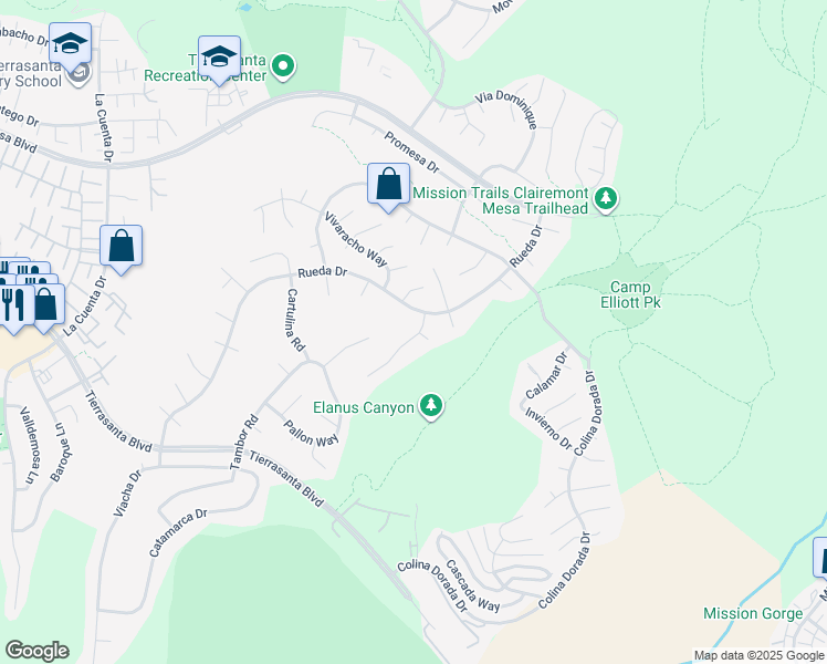 map of restaurants, bars, coffee shops, grocery stores, and more near 11172 Via Temprano in San Diego