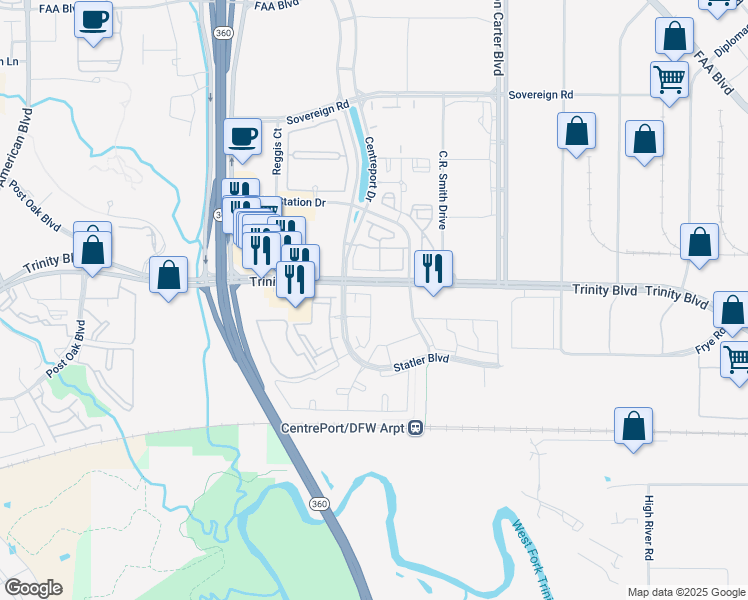 map of restaurants, bars, coffee shops, grocery stores, and more near 3928 Gatwick Circle in Fort Worth