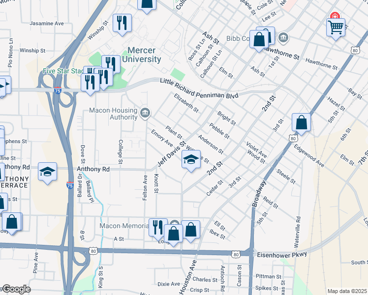 map of restaurants, bars, coffee shops, grocery stores, and more near 1942 Jeff Davis Street in Macon