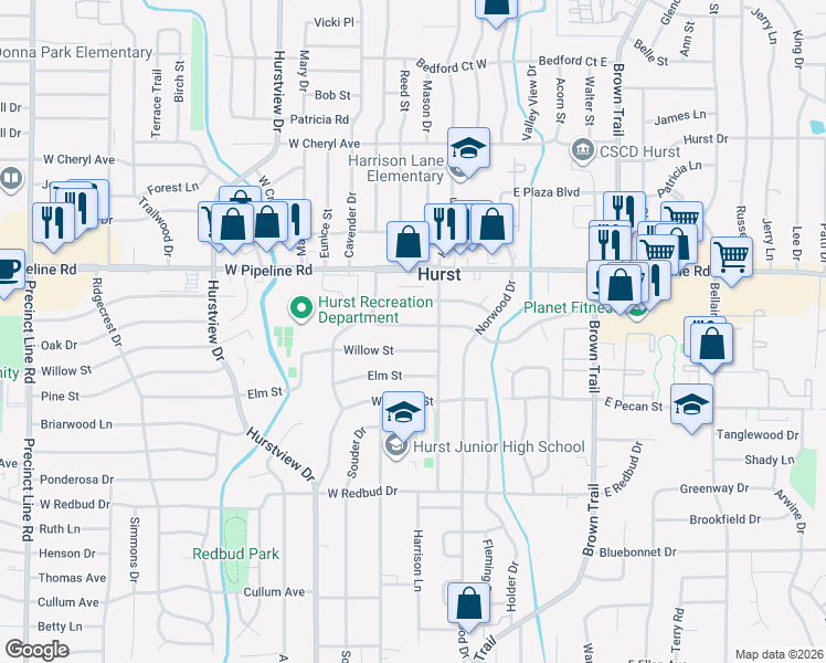 map of restaurants, bars, coffee shops, grocery stores, and more near 217 West Oak Drive in Hurst