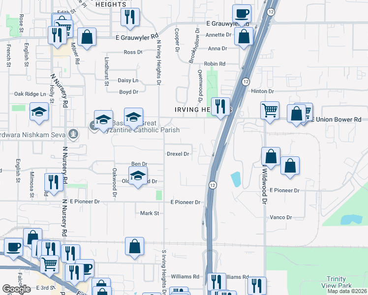 map of restaurants, bars, coffee shops, grocery stores, and more near 1624 Daywood Lane in Irving