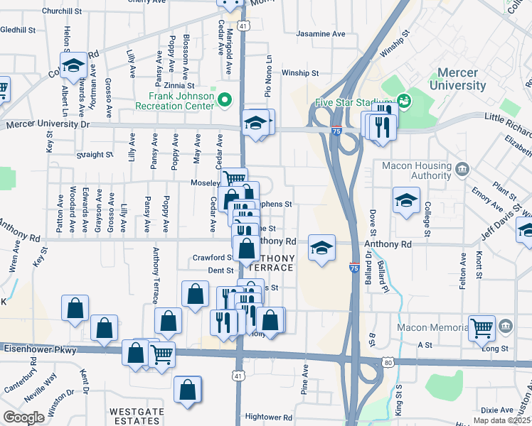 map of restaurants, bars, coffee shops, grocery stores, and more near 2091 Monroe Avenue in Macon