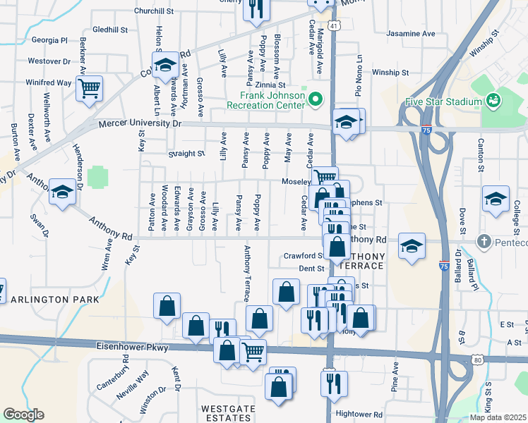 map of restaurants, bars, coffee shops, grocery stores, and more near 820 Poppy Avenue in Macon