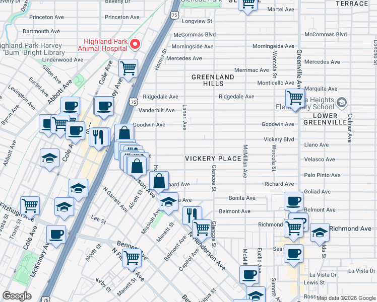 map of restaurants, bars, coffee shops, grocery stores, and more near 5255 Miller Avenue in Dallas