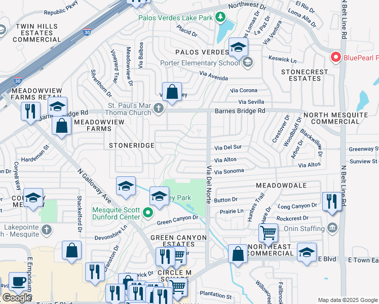 map of restaurants, bars, coffee shops, grocery stores, and more near 826 Via Del Sur in Mesquite