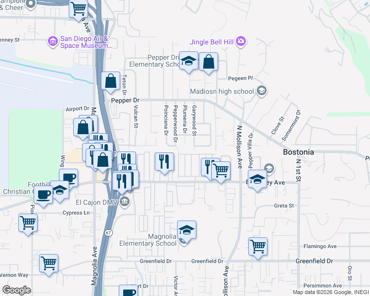 map of restaurants, bars, coffee shops, grocery stores, and more near 1615 Pepperwood Drive in El Cajon