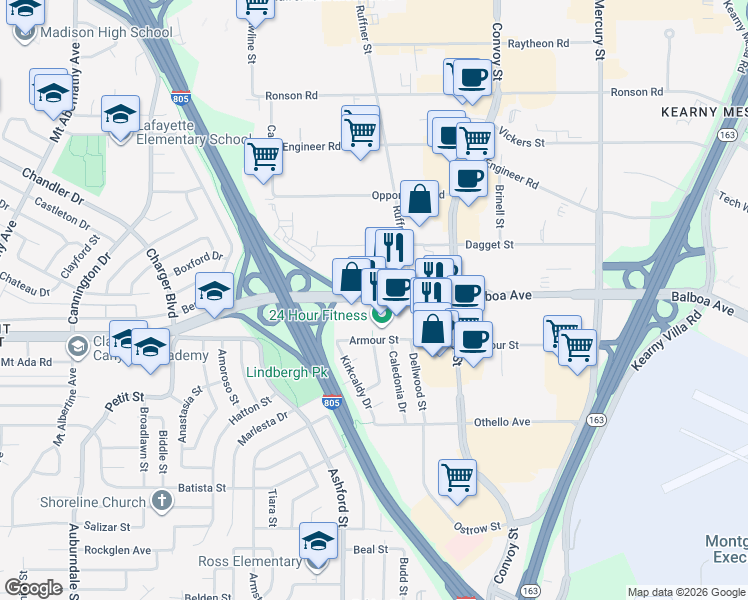 map of restaurants, bars, coffee shops, grocery stores, and more near 7677 Balboa Ave in San Diego