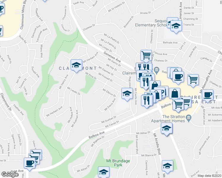 map of restaurants, bars, coffee shops, grocery stores, and more near 4944 Mount Elbrus Drive in San Diego
