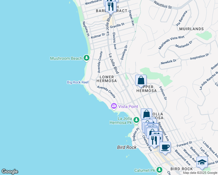 map of restaurants, bars, coffee shops, grocery stores, and more near 6126 Avenida Cresta in San Diego