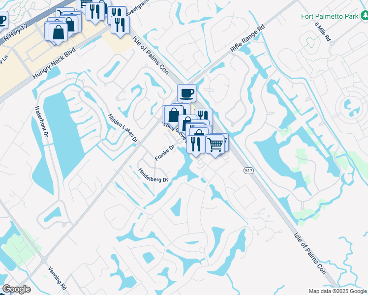 map of restaurants, bars, coffee shops, grocery stores, and more near 1435 Long Grove Drive in Mount Pleasant