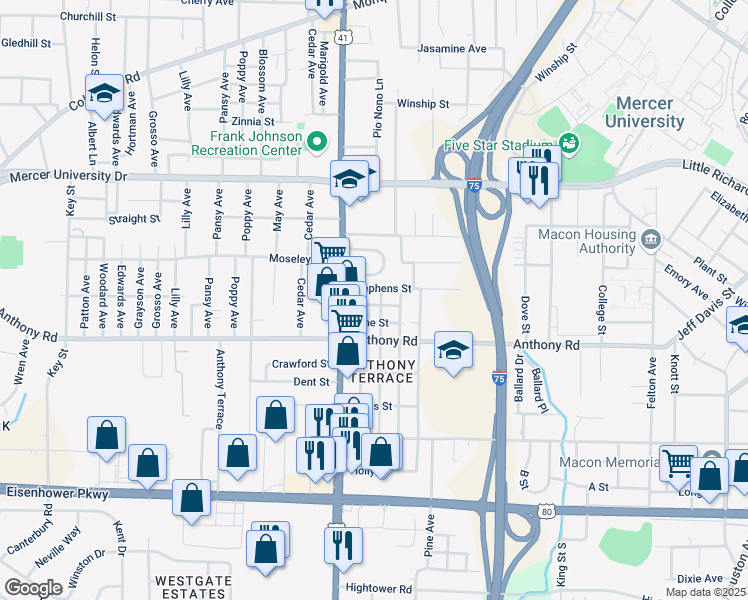map of restaurants, bars, coffee shops, grocery stores, and more near 2091 Monroe Avenue in Macon